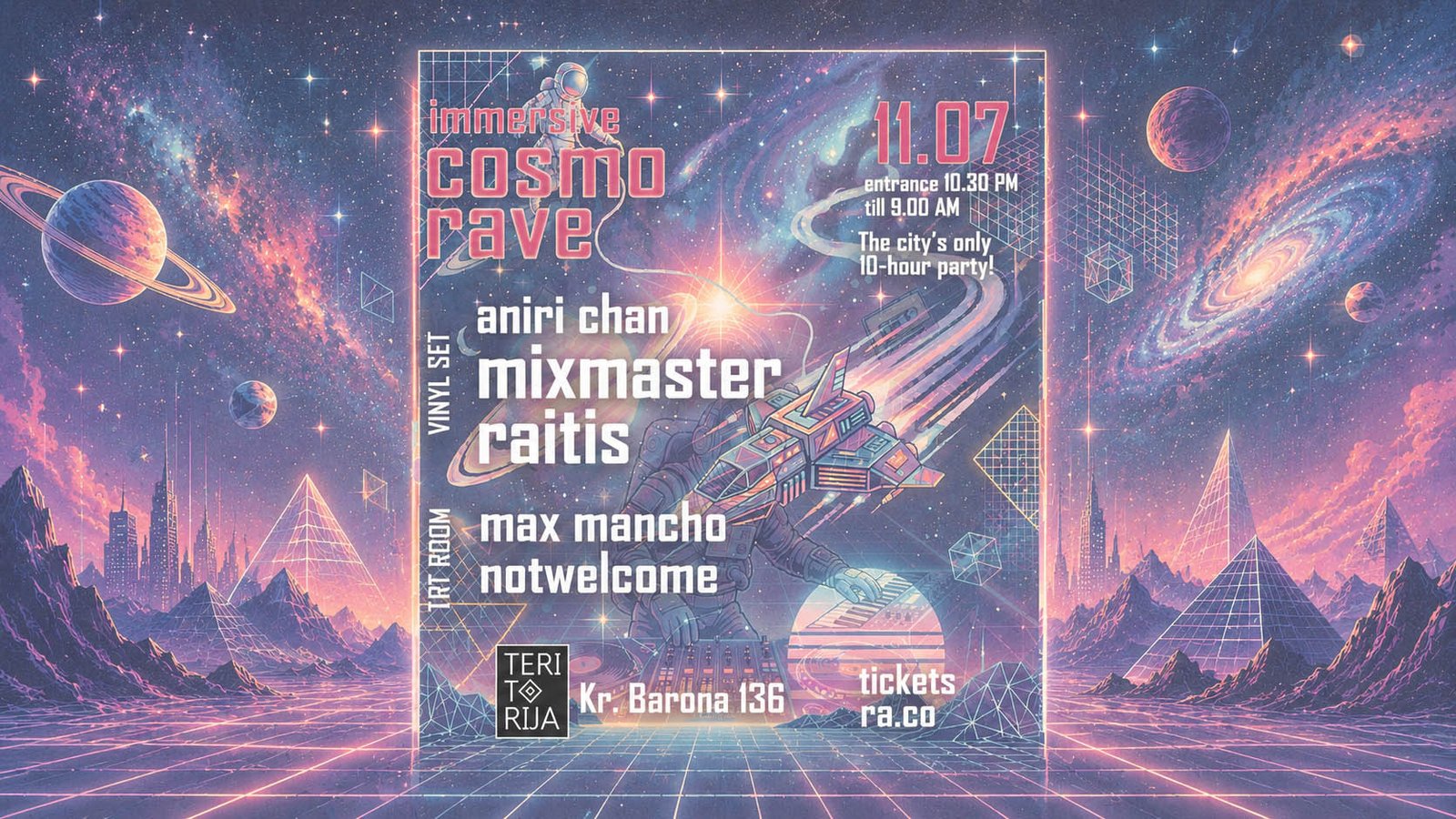 Retro-futuristic electronic music event Cosmo Rave at Teritorija Club in Riga featuring Mixmaster Raitis and immersive visual performances