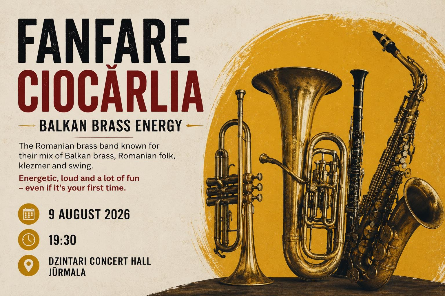 Fanfare Ciocărlia performing Balkan brass music at Dzintari Concert Hall in Jūrmala on August 9, 2026