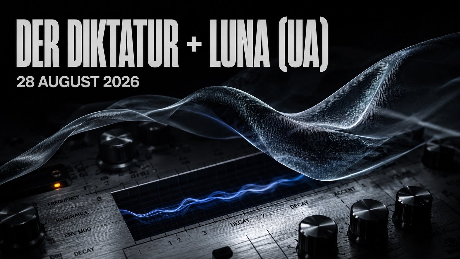 Abstract silver sound wave floating above electronic synthesizer controls for Der Diktatur and LUNA in Riga.