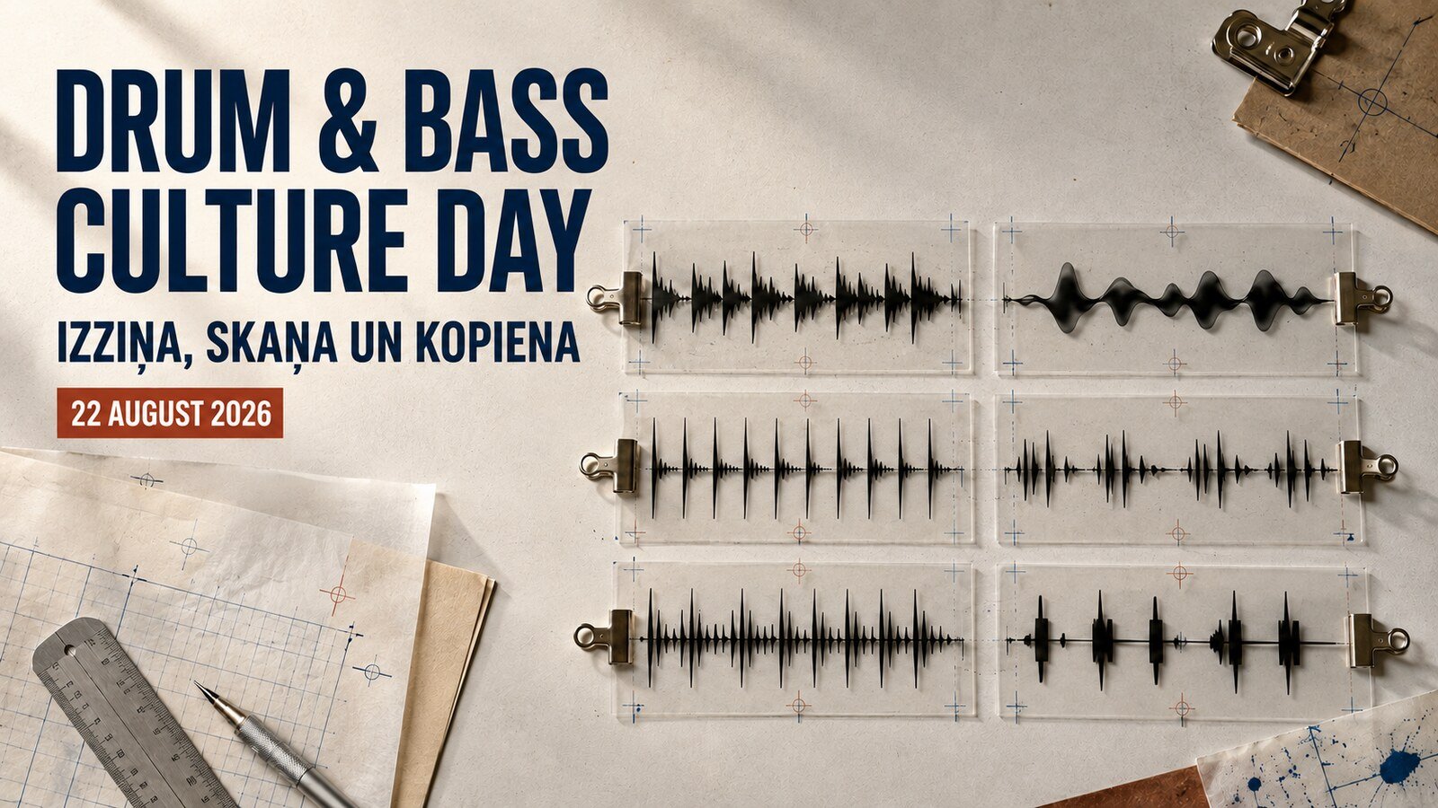 Six drum and bass waveform patterns for Drum & Bass Culture Day in Riga