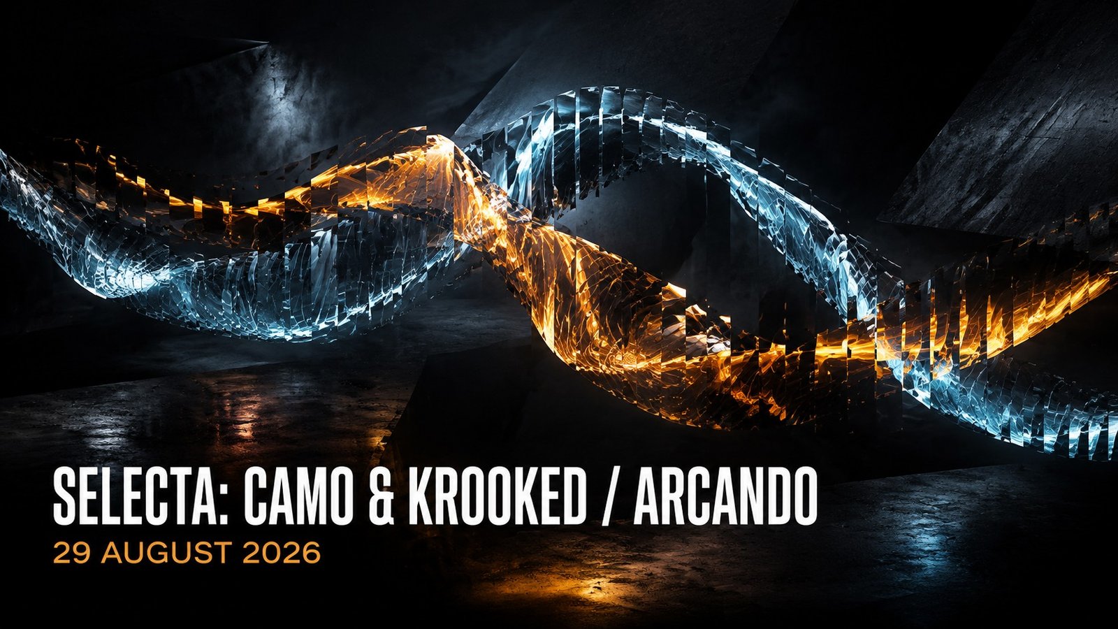 Interlocking blue and amber light waves representing the drum and bass night with Camo & Krooked and Arcando in Riga.