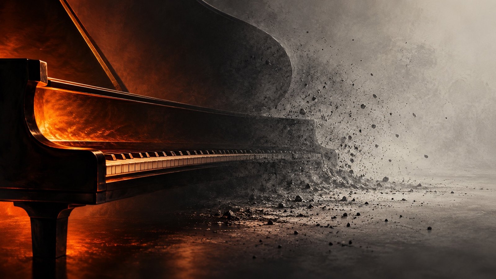 Abstract piano composition moving from warm flame tones to soft ash grey for Linda Leine's recital