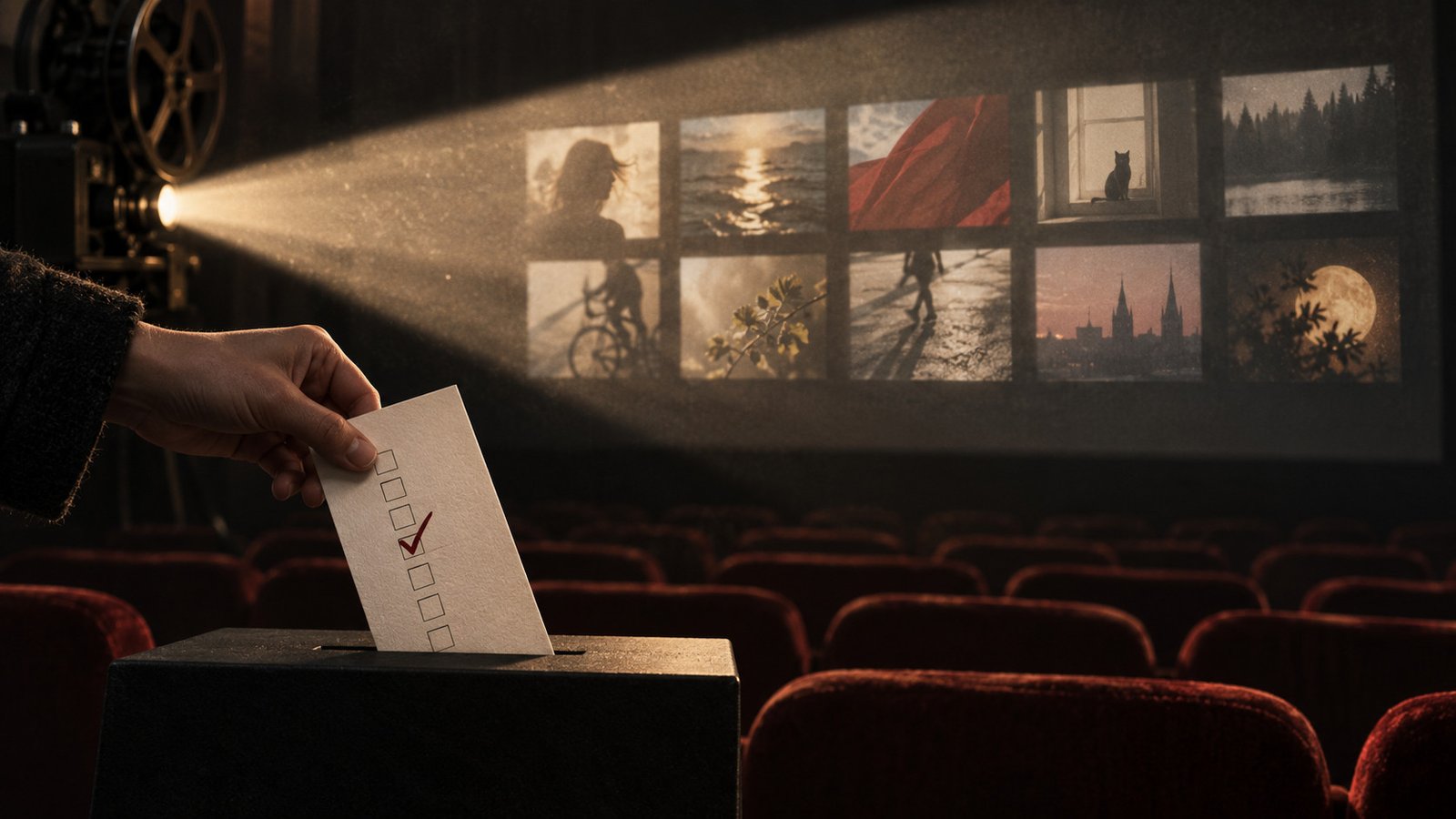 Audience ballot and projected short-film images in a cinema
