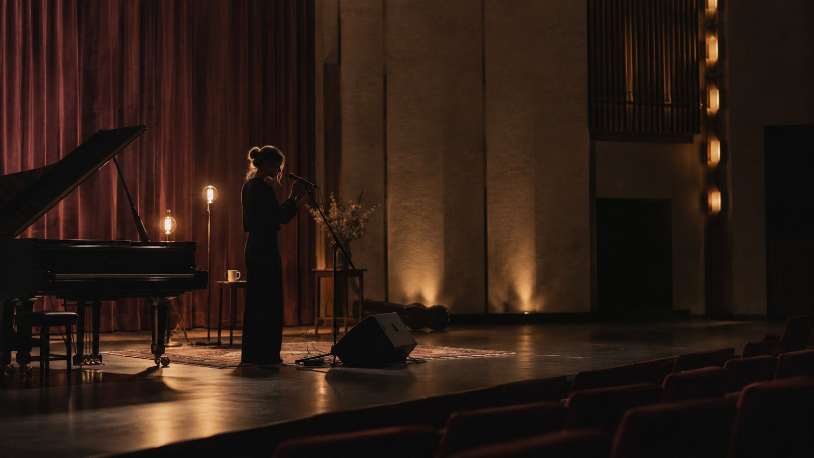 Singer-songwriter preparing for an intimate concert on a warmly lit stage