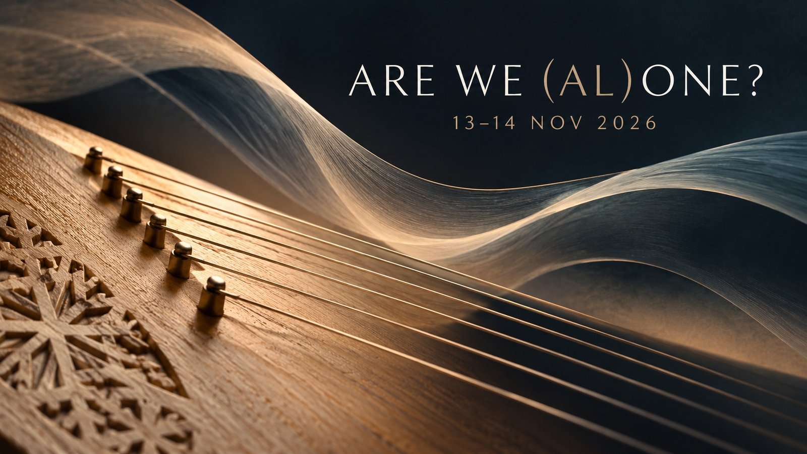 Abstract kokle strings representing the Are We (Al)one? performance in Riga, 13–14 November 2026