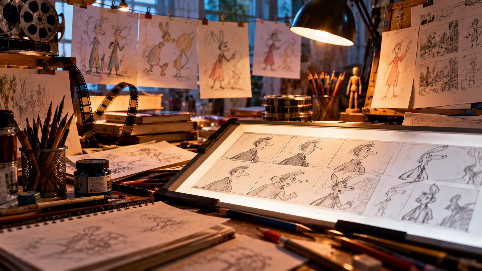 Illustrated animation studio with storyboards and original characters for Bill Plympton in Conversation with Signe Baumane