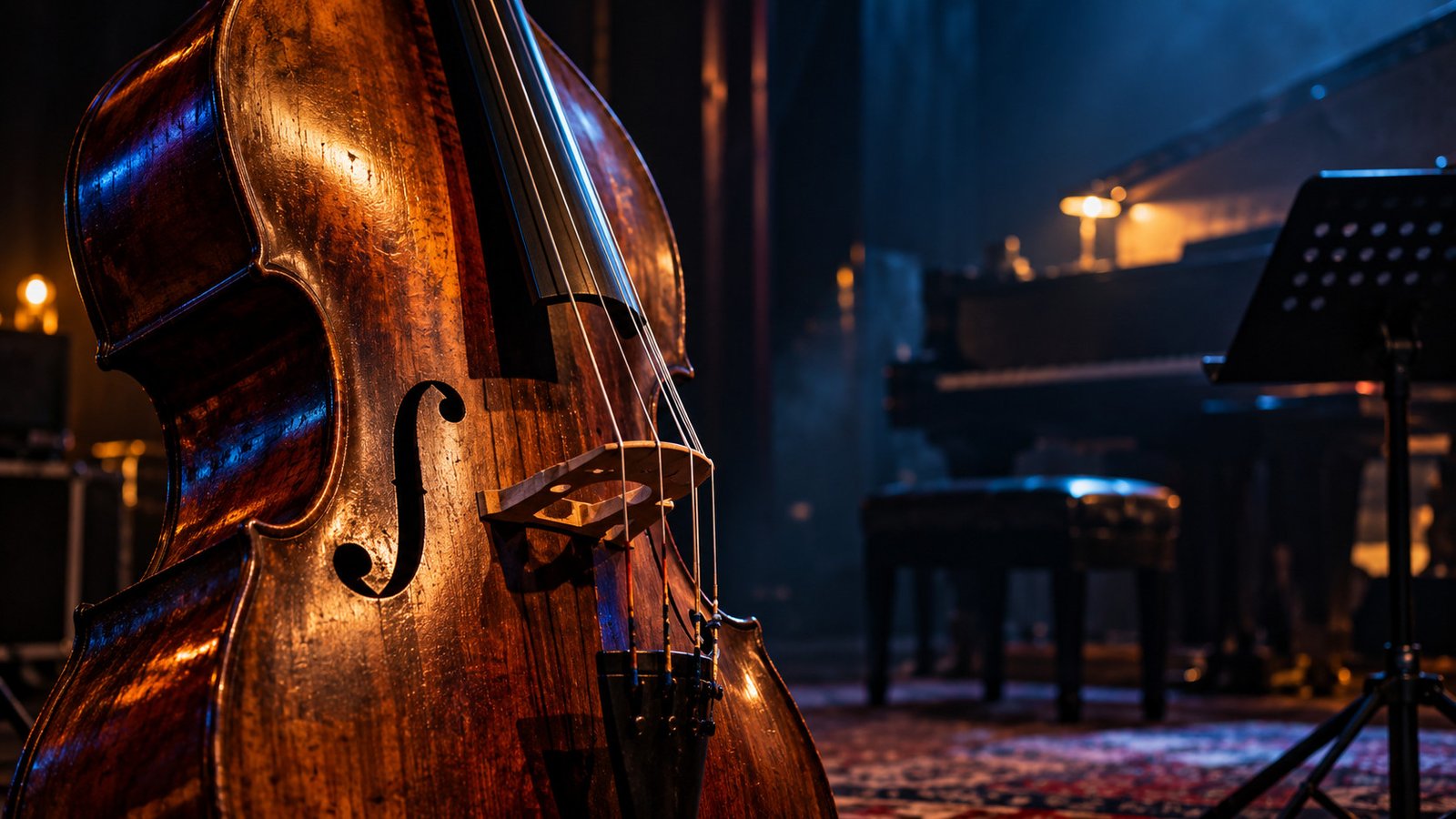 Close-up of a double bass in warm stage lighting for Claude Tchamitchian’s In Spirit Solo concert in Riga