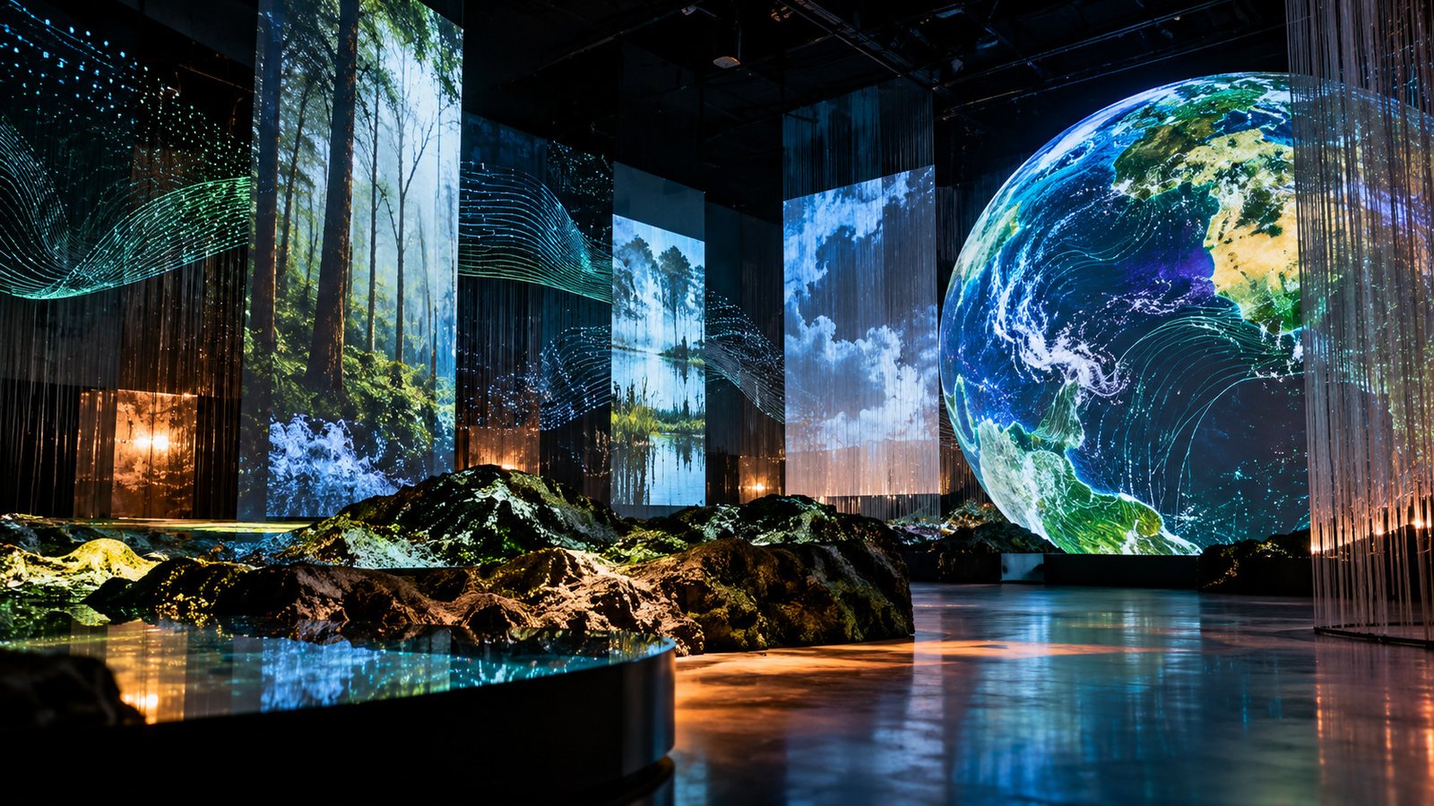 Immersive climate art installation with forest, ice and digital projections for RIXC Art Science Festival 2026 in Riga